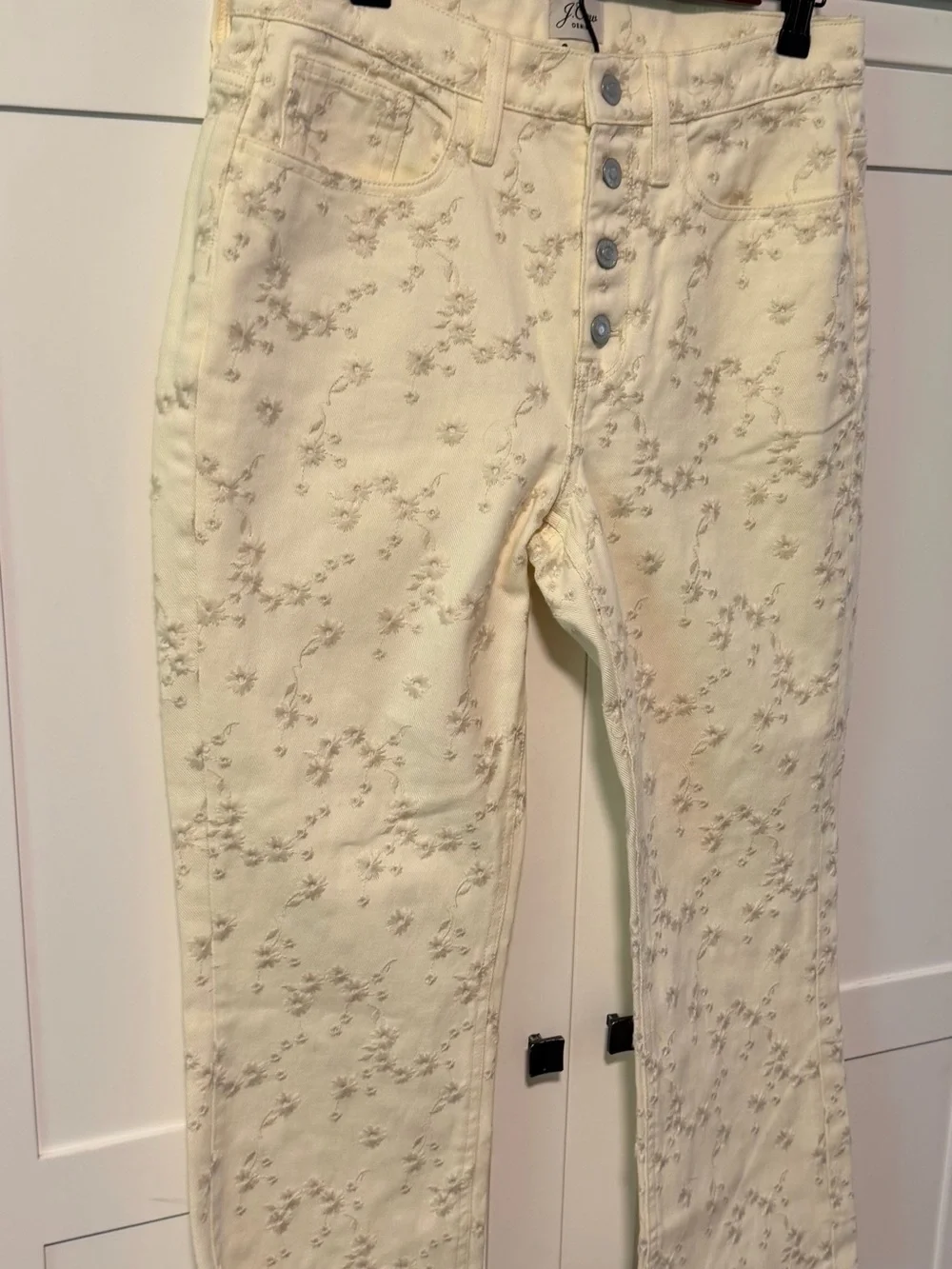 J. Crew High Rise Billie Demi Boot Crop Cream Jeans with Embroidery